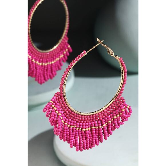 Seed Bead Loop Tassel Hoop Earring : FUCHSIA(GDFUS) - Picture 1 of 2